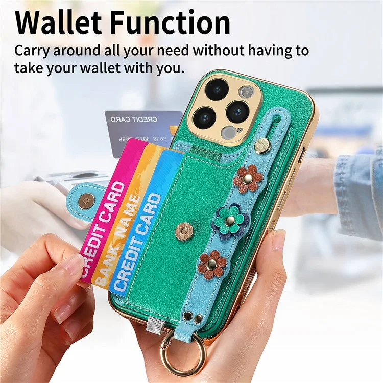 W2 For iPhone 14 Pro Max Case Kickstand Leather Back Protective Cover 3D Flower - Green