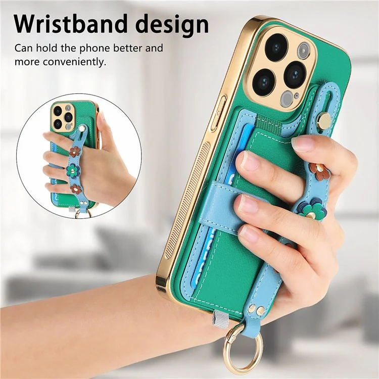 W2 For iPhone 14 Pro Max Case Kickstand Leather Back Protective Cover 3D Flower - Green