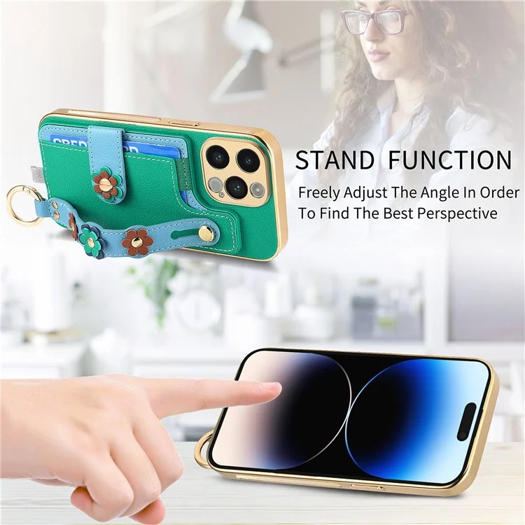 W2 For iPhone 14 Pro Max Case Kickstand Leather Back Protective Cover 3D Flower - Green