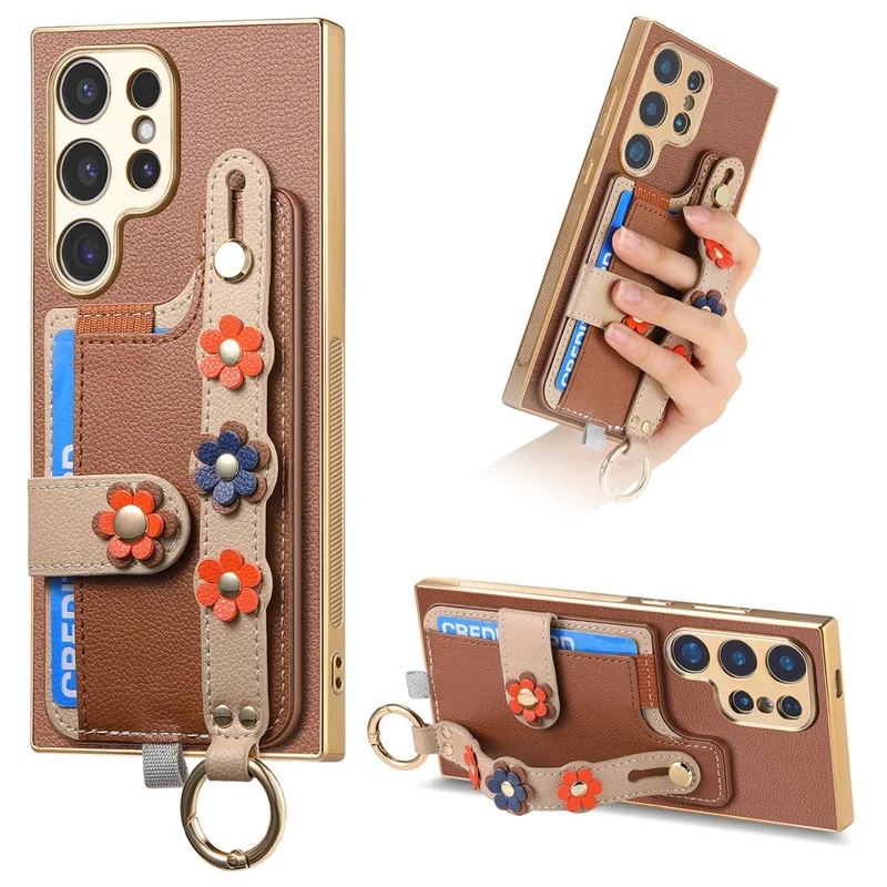 W2 For Samsung Galaxy S24 Ultra Case 3D Flower Electroplating Leather TPU Phone Cover - Brown