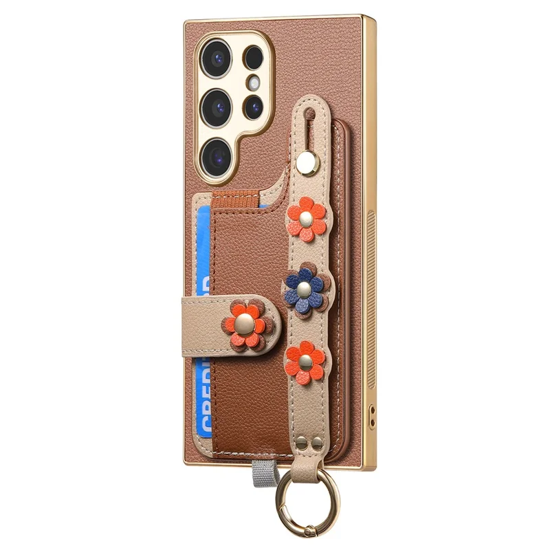 W2 For Samsung Galaxy S24 Ultra Case 3D Flower Electroplating Leather TPU Phone Cover - Brown