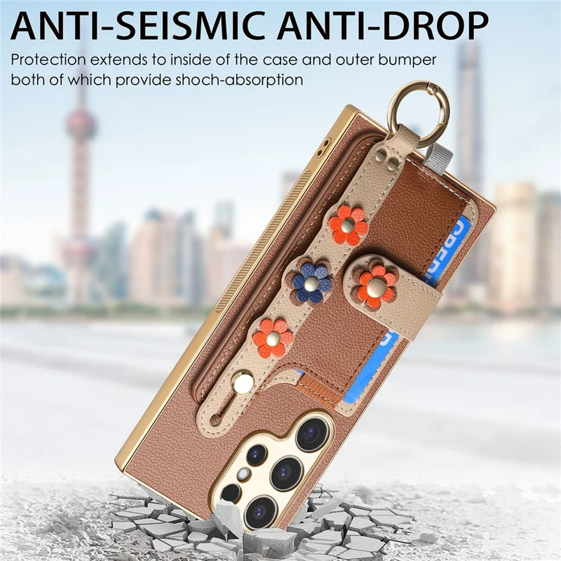 W2 For Samsung Galaxy S24 Ultra Case 3D Flower Electroplating Leather TPU Phone Cover - Brown