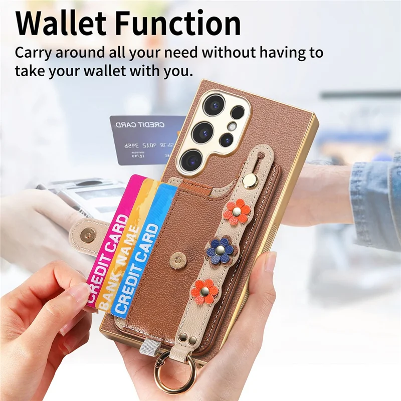 W2 For Samsung Galaxy S24 Ultra Case 3D Flower Electroplating Leather TPU Phone Cover - Brown