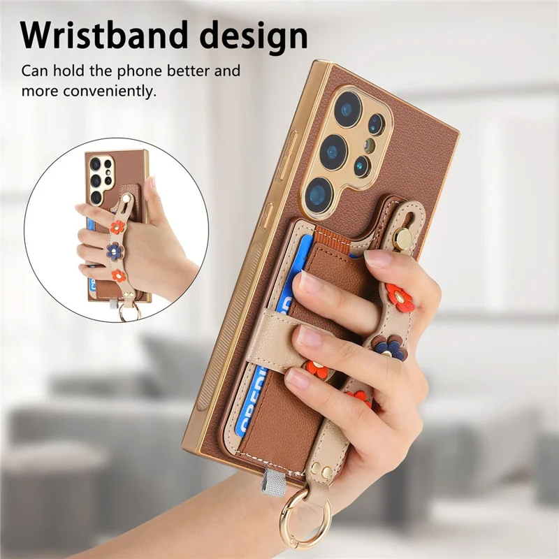 W2 For Samsung Galaxy S24 Ultra Case 3D Flower Electroplating Leather TPU Phone Cover - Brown