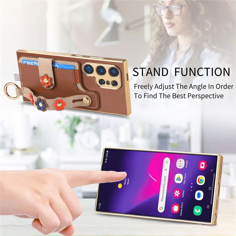 W2 For Samsung Galaxy S24 Ultra Case 3D Flower Electroplating Leather TPU Phone Cover - Brown