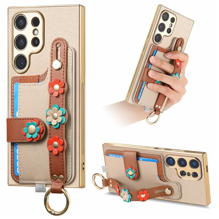 Funda W2 Series para Samsung Galaxy S23 Ultra, Funda de cuero con flores 3D, Funda trasera de teléfono con correa y soporte - Khaki