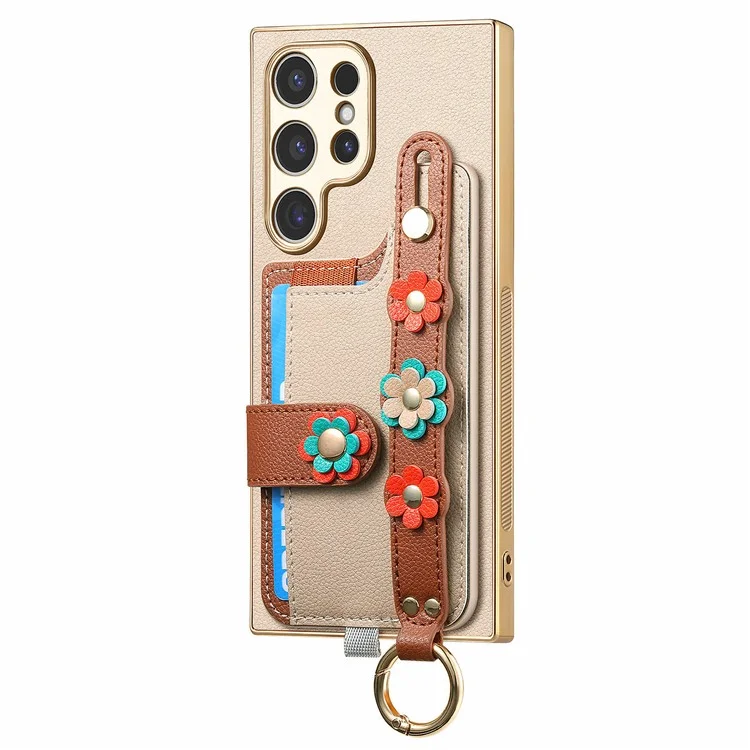 Funda W2 Series para Samsung Galaxy S23 Ultra, Funda de cuero con flores 3D, Funda trasera de teléfono con correa y soporte - Khaki