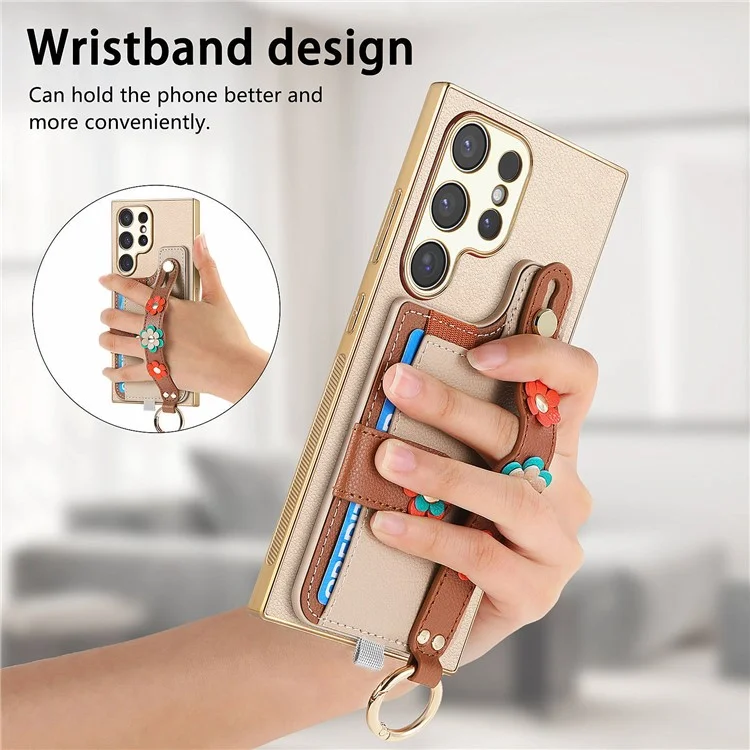 Funda W2 Series para Samsung Galaxy S23 Ultra, Funda de cuero con flores 3D, Funda trasera de teléfono con correa y soporte - Khaki