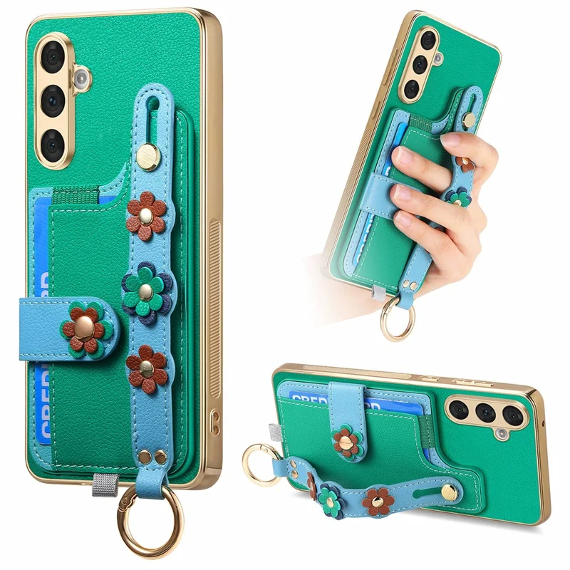 W2 For Samsung Galaxy A54 5G Case Card Holder Leather Back Cover 3D Flower Wristband - Green