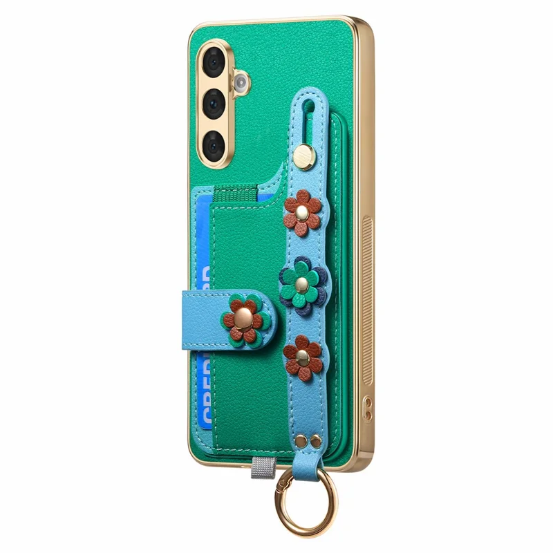 W2 For Samsung Galaxy A54 5G Case Card Holder Leather Back Cover 3D Flower Wristband - Green