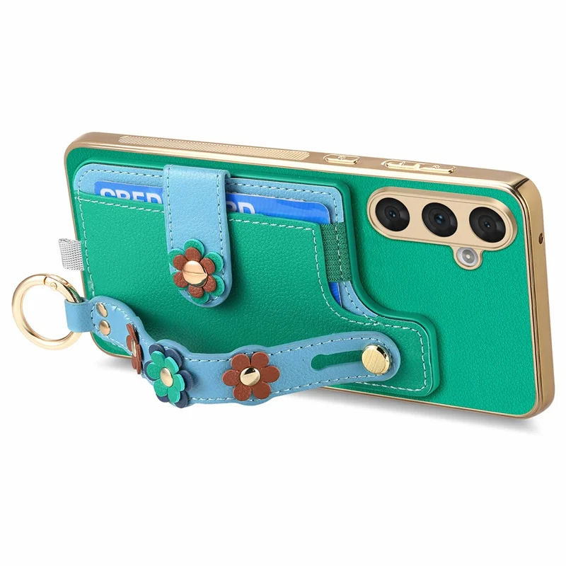 W2 For Samsung Galaxy A54 5G Case Card Holder Leather Back Cover 3D Flower Wristband - Green