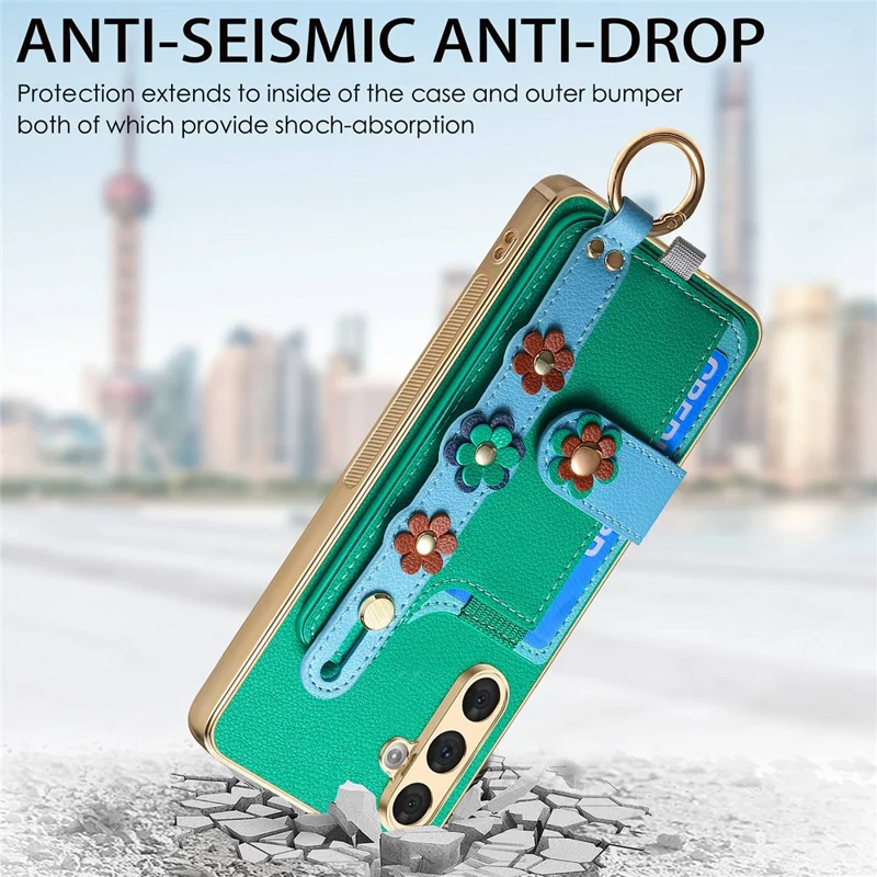 W2 For Samsung Galaxy A54 5G Case Card Holder Leather Back Cover 3D Flower Wristband - Green