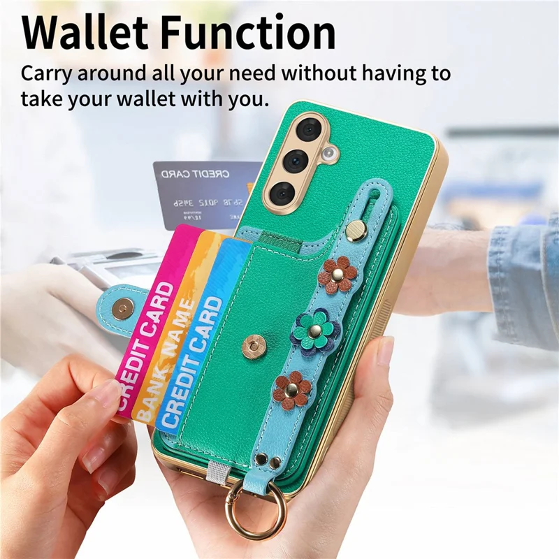 W2 For Samsung Galaxy A54 5G Case Card Holder Leather Back Cover 3D Flower Wristband - Green