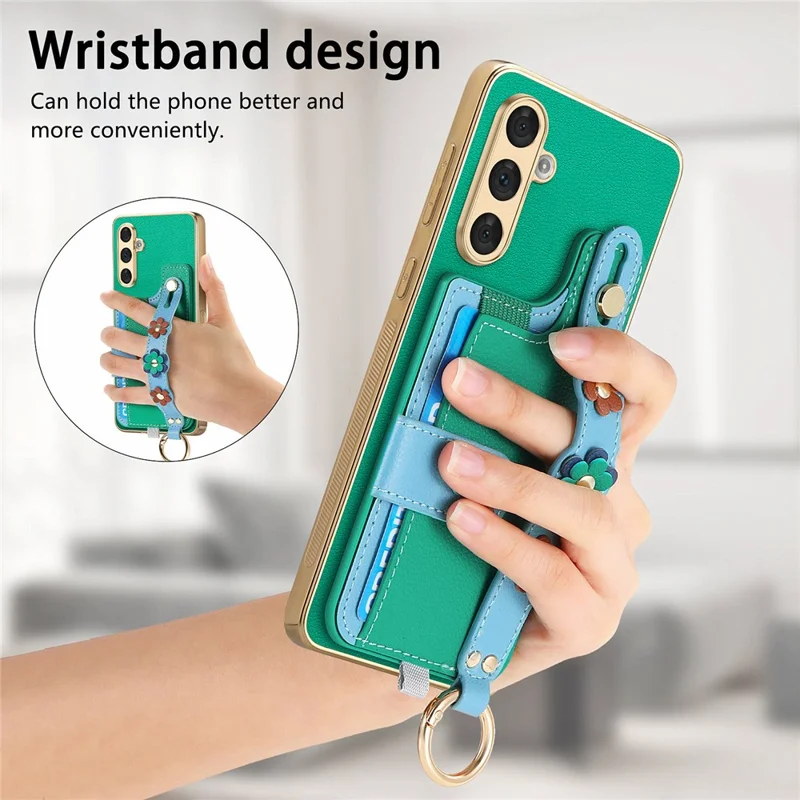 W2 For Samsung Galaxy A54 5G Case Card Holder Leather Back Cover 3D Flower Wristband - Green