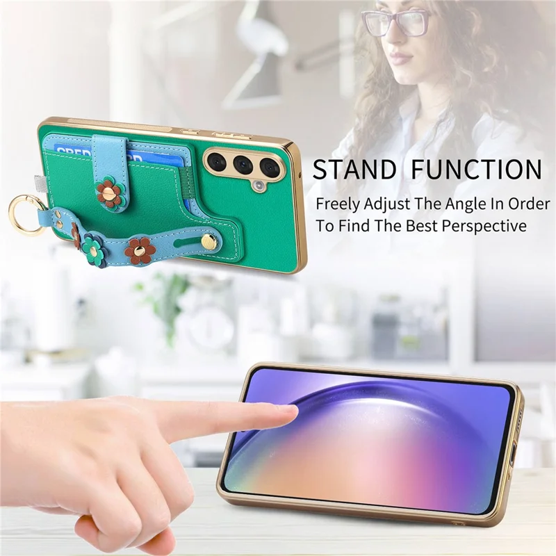 W2 For Samsung Galaxy A54 5G Case Card Holder Leather Back Cover 3D Flower Wristband - Green
