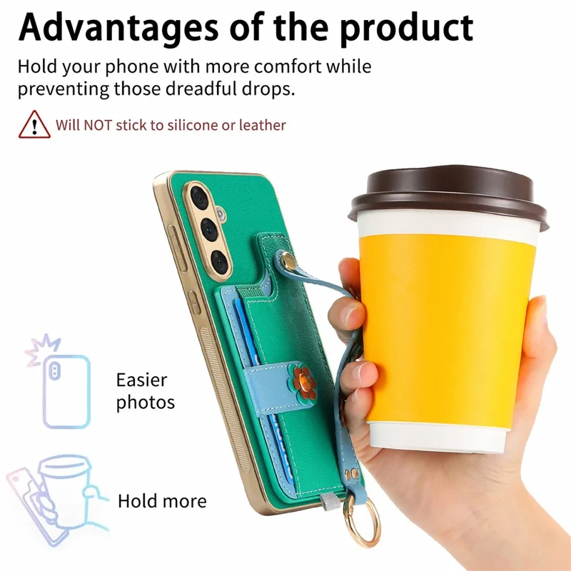 W2 For Samsung Galaxy A54 5G Case Card Holder Leather Back Cover 3D Flower Wristband - Green