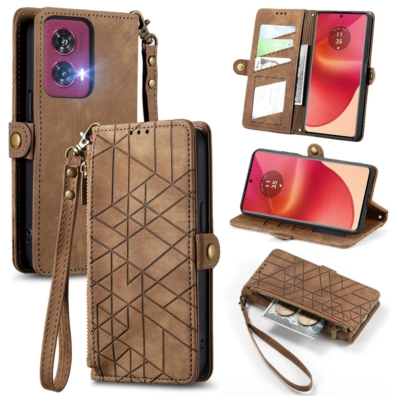 For Motorola Edge 50 Fusion 5G Zipper Wallet Case Geometry Lines Leather Phone Cover with Strap - Brown