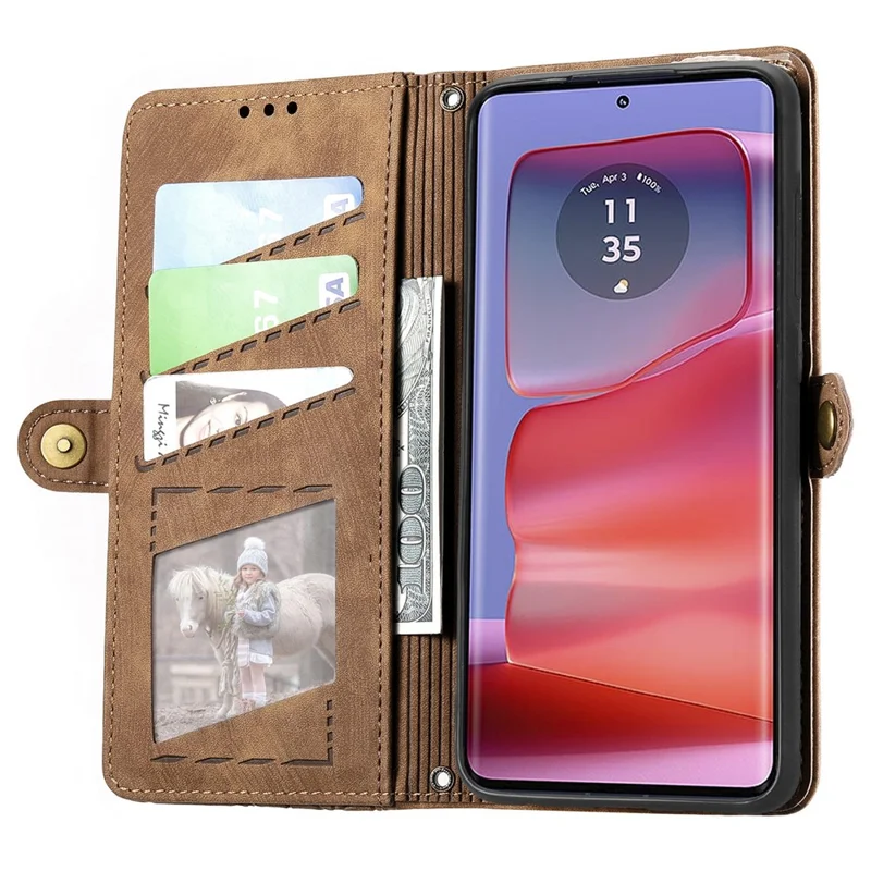 For Motorola Edge 50 Fusion 5G Zipper Wallet Case Geometry Lines Leather Phone Cover with Strap - Brown