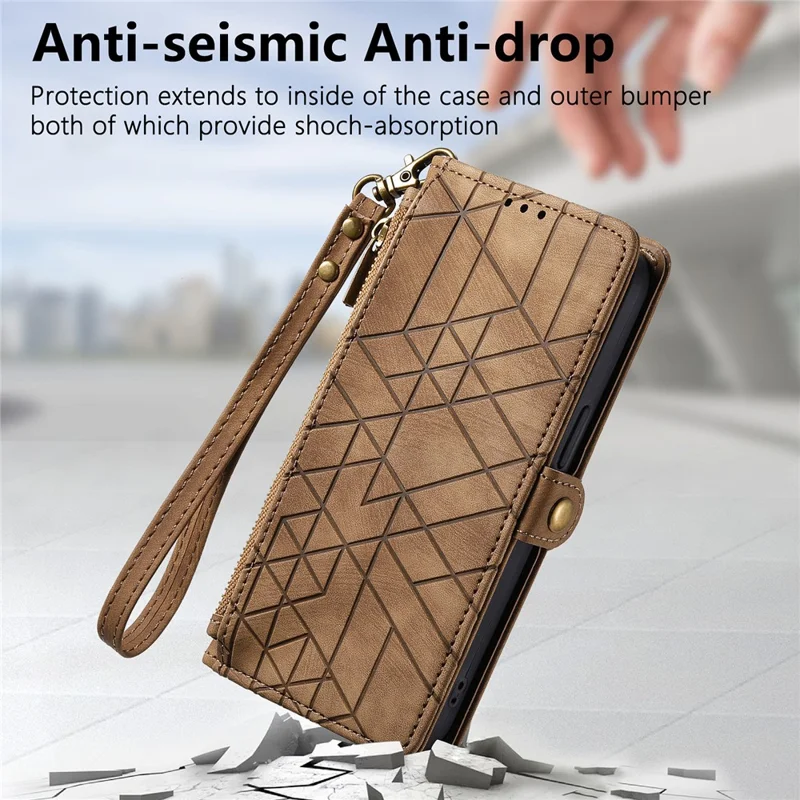 For Motorola Edge 50 Fusion 5G Zipper Wallet Case Geometry Lines Leather Phone Cover with Strap - Brown