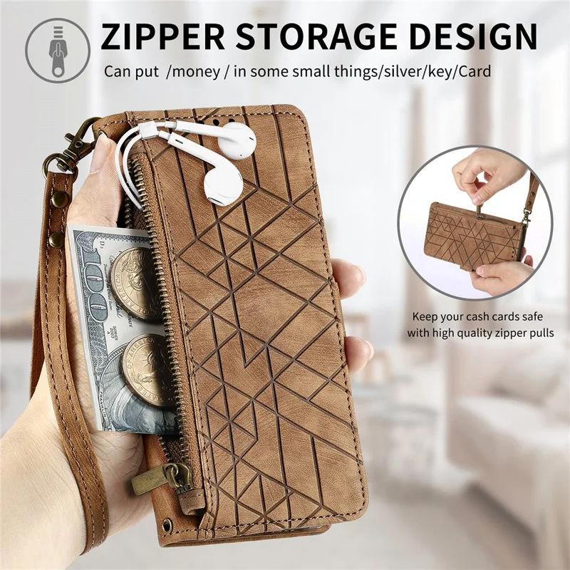 For Motorola Edge 50 Fusion 5G Zipper Wallet Case Geometry Lines Leather Phone Cover with Strap - Brown