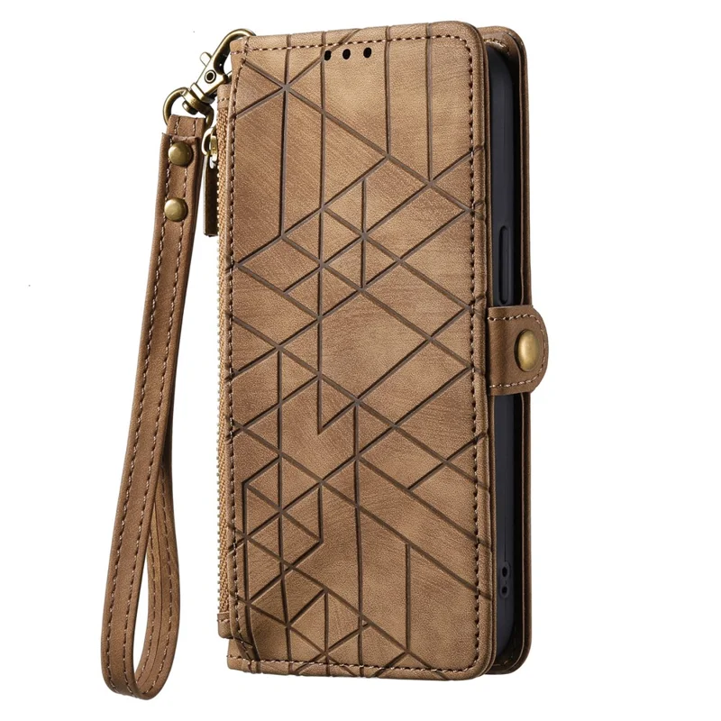 For Motorola Edge 50 Fusion 5G Zipper Wallet Case Geometry Lines Leather Phone Cover with Strap - Brown