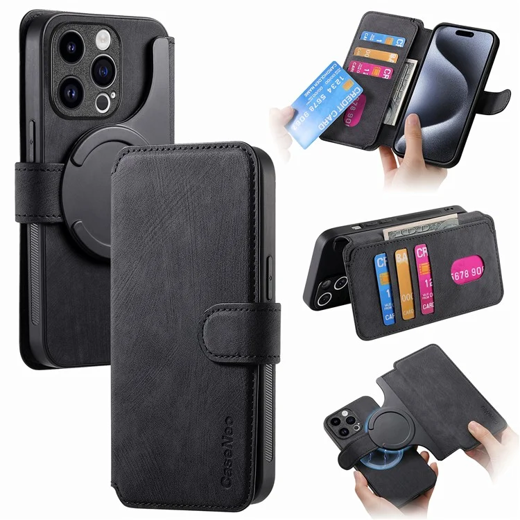 For iPhone 15 Pro Magnetic Case CASENEO Detachable Leather Phone Wallet Cover - Black
