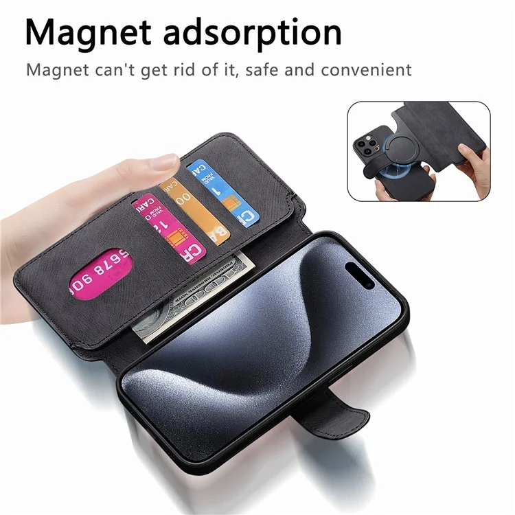 For iPhone 15 Pro Magnetic Case CASENEO Detachable Leather Phone Wallet Cover - Black