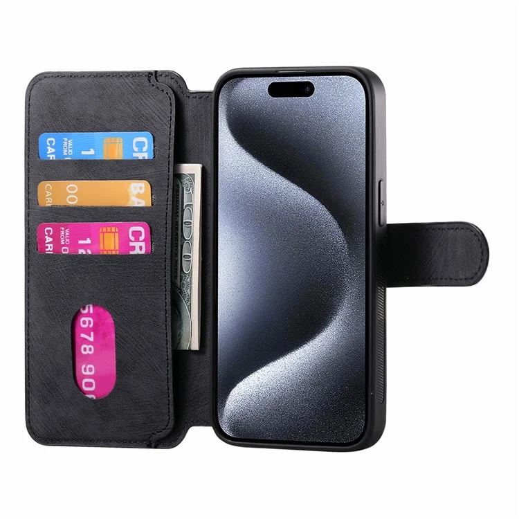 For iPhone 15 Pro Magnetic Case CASENEO Detachable Leather Phone Wallet Cover - Black