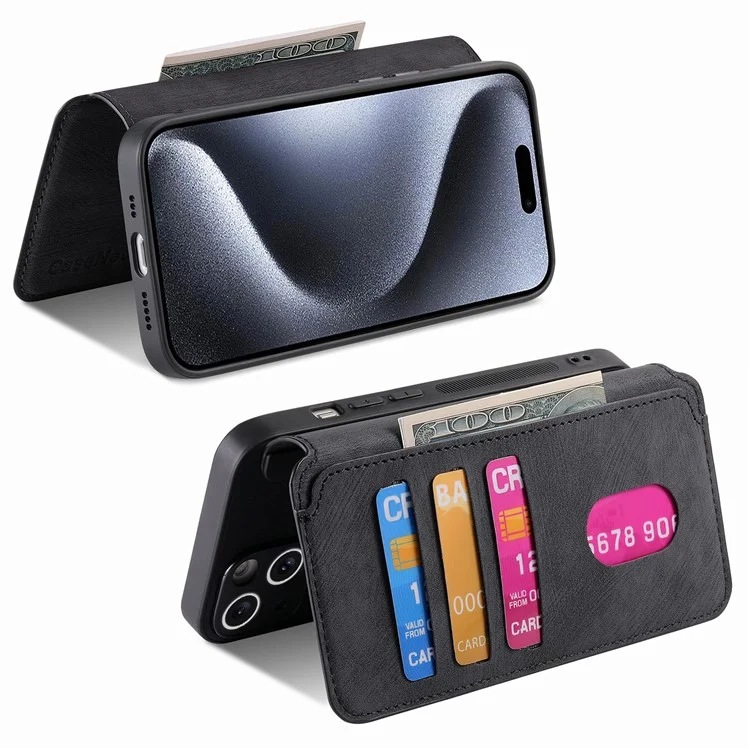 For iPhone 15 Pro Magnetic Case CASENEO Detachable Leather Phone Wallet Cover - Black