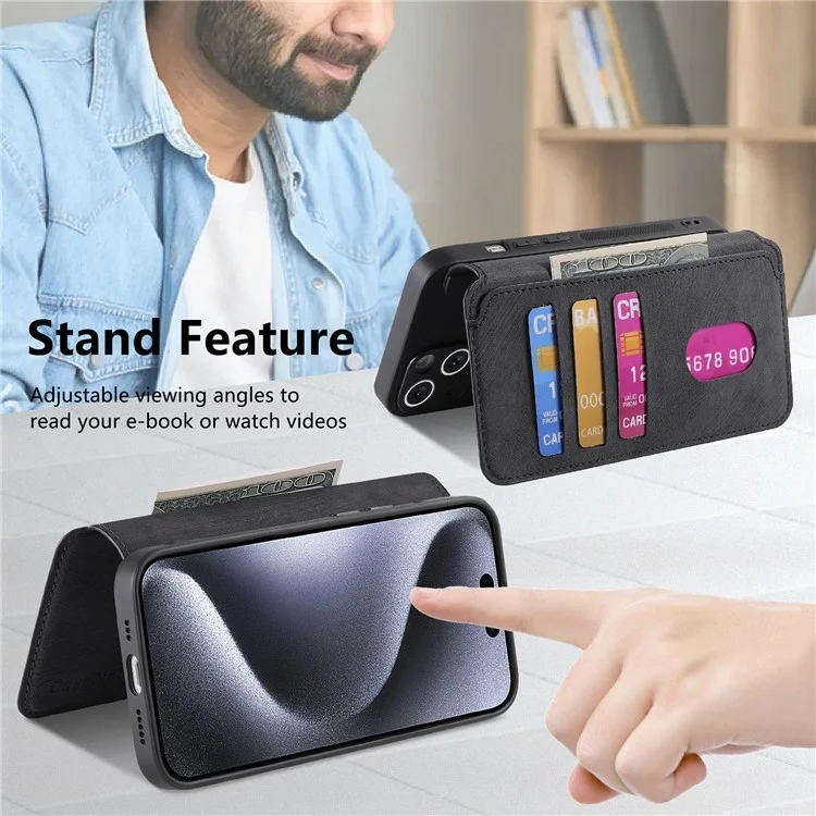 For iPhone 15 Pro Magnetic Case CASENEO Detachable Leather Phone Wallet Cover - Black