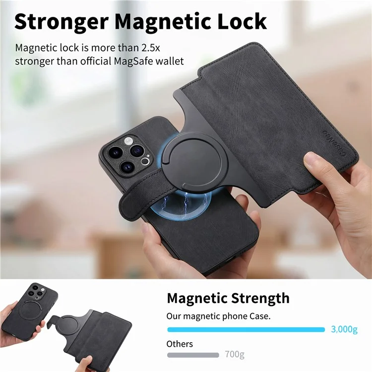 For iPhone 15 Pro Magnetic Case CASENEO Detachable Leather Phone Wallet Cover - Black