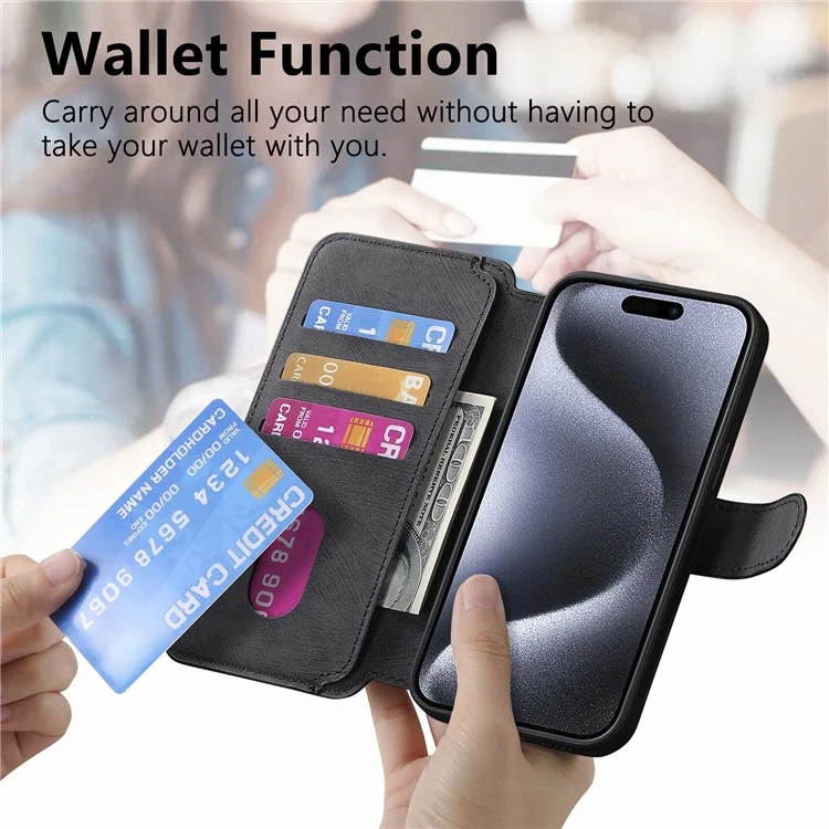 For iPhone 15 Pro Magnetic Case CASENEO Detachable Leather Phone Wallet Cover - Black