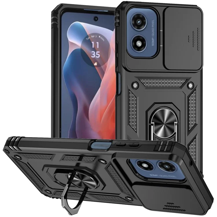 Für Motorola Moto G Play (2024) 4G-Hülle PC+TPU Stoßfeste Handyhülle mit Kamera-Schiebeverschluss und Ständer - Schwarz