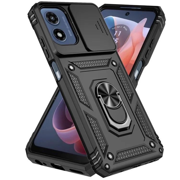 Für Motorola Moto G Play (2024) 4G-Hülle PC+TPU Stoßfeste Handyhülle mit Kamera-Schiebeverschluss und Ständer - Schwarz