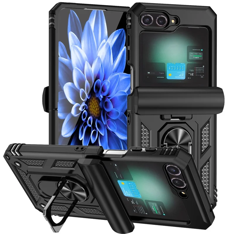 Para Samsung Galaxy Z Flip6 5G Case Lens Protection PC TPU Phone Cover Anti-Drop Ring Holder - Black