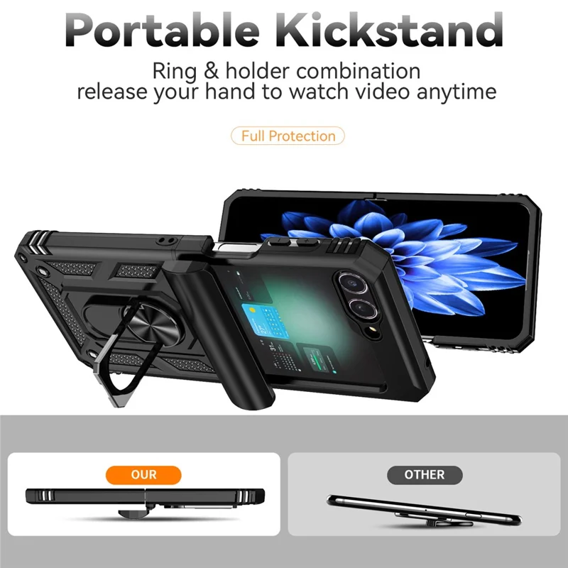 Para Samsung Galaxy Z Flip6 5G Case Lens Protection PC TPU Phone Cover Anti-Drop Ring Holder - Black