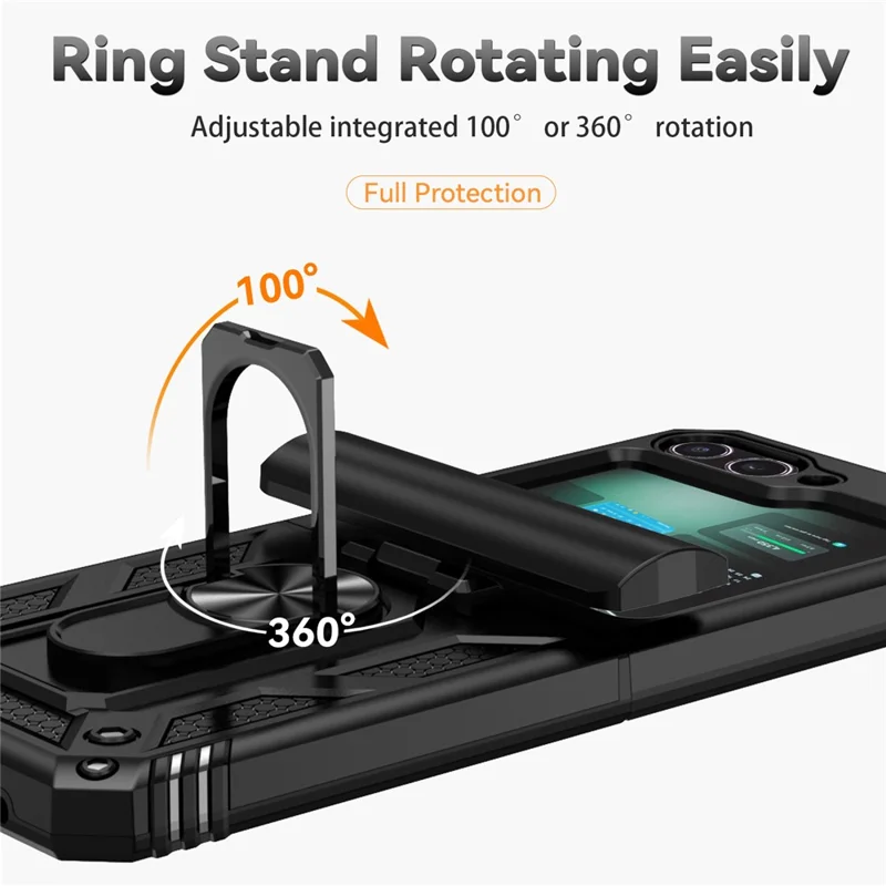 Para Samsung Galaxy Z Flip6 5G Case Lens Protection PC TPU Phone Cover Anti-Drop Ring Holder - Black