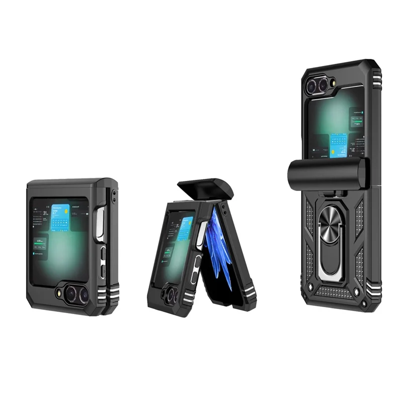 Para Samsung Galaxy Z Flip6 5G Case Lens Protection PC TPU Phone Cover Anti-Drop Ring Holder - Black