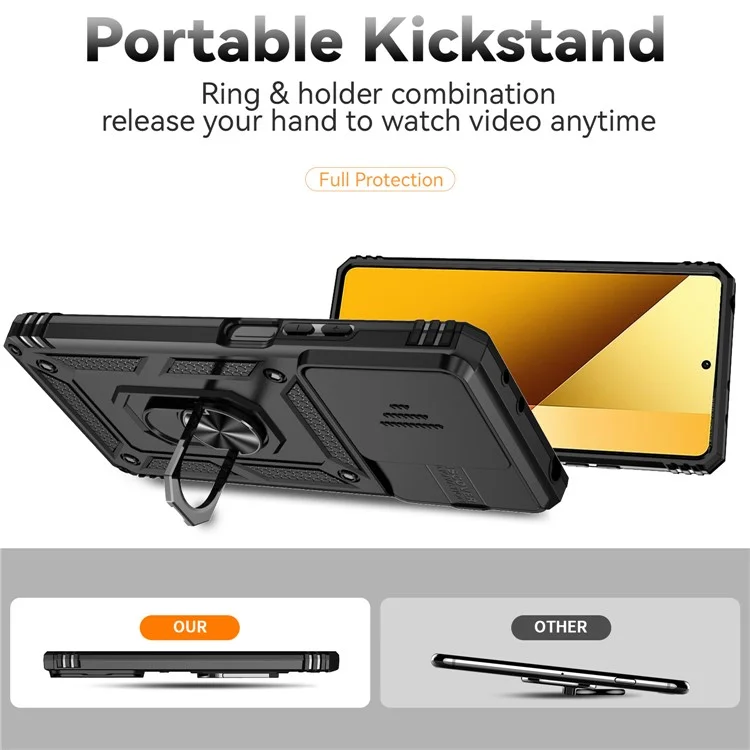 Für Xiaomi Redmi Note 13 5G Case Car Mount Kickstand PC + TPU-Handyhülle mit Schiebeobjektivschutz - Schwarz