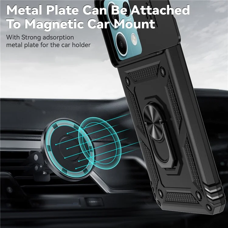 Für Xiaomi Redmi Note 13 5G Case Car Mount Kickstand PC + TPU-Handyhülle mit Schiebeobjektivschutz - Schwarz