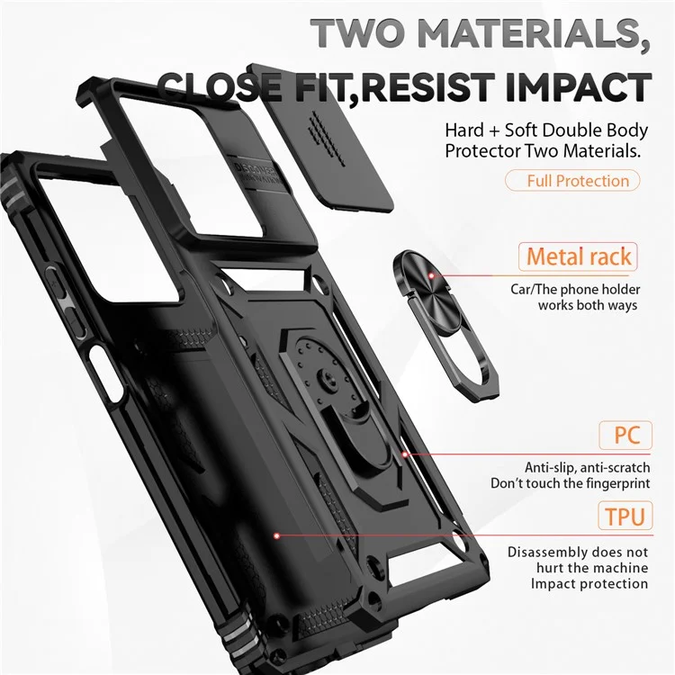 Für Xiaomi Redmi Note 13 5G Case Car Mount Kickstand PC + TPU-Handyhülle mit Schiebeobjektivschutz - Schwarz