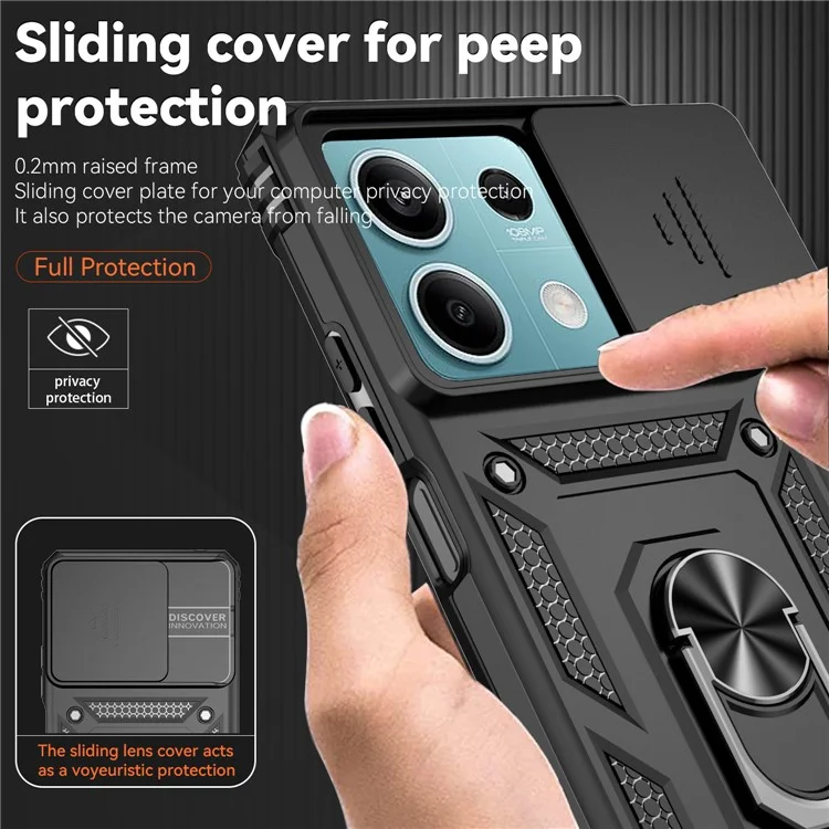 Für Xiaomi Redmi Note 13 5G Case Car Mount Kickstand PC + TPU-Handyhülle mit Schiebeobjektivschutz - Schwarz