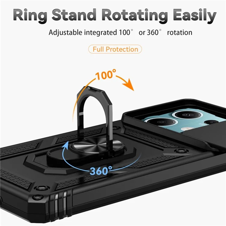 Für Xiaomi Redmi Note 13 5G Case Car Mount Kickstand PC + TPU-Handyhülle mit Schiebeobjektivschutz - Schwarz