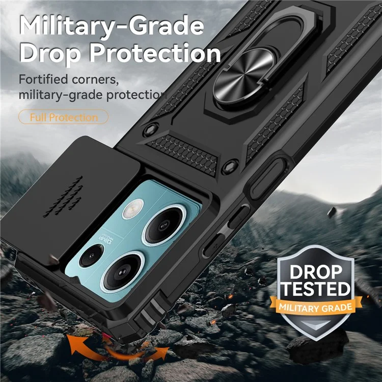 Für Xiaomi Redmi Note 13 5G Case Car Mount Kickstand PC + TPU-Handyhülle mit Schiebeobjektivschutz - Schwarz