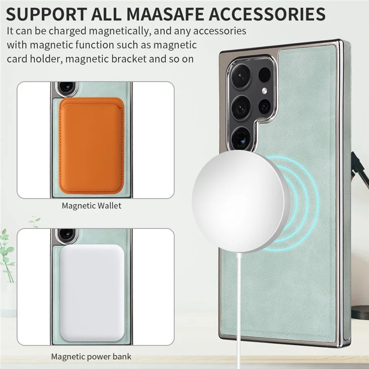 For Samsung Galaxy S23 Ultra Magnetic Case PU Leather Back Cover Compatible with MagSafe - Green