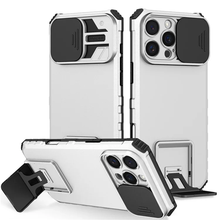 Para iPhone 16 Pro Case Camera Slider PC + TPU Phone Cover com Kickstand - Prata