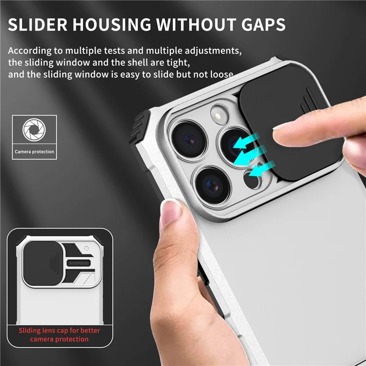 Para iPhone 16 Pro Case Camera Slider PC + TPU Phone Cover com Kickstand - Prata