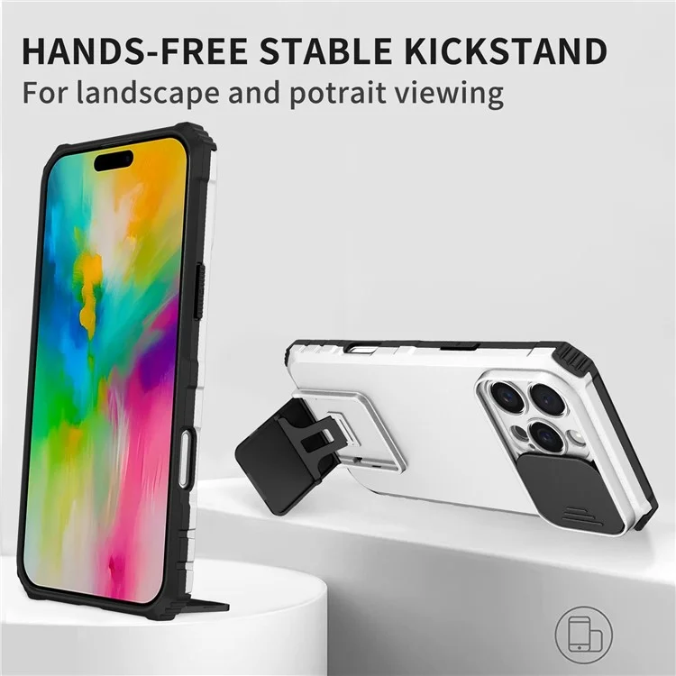 Para iPhone 16 Pro Case Camera Slider PC + TPU Phone Cover com Kickstand - Prata
