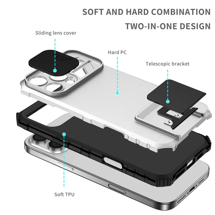 Para iPhone 16 Pro Case Camera Slider PC + TPU Phone Cover com Kickstand - Prata