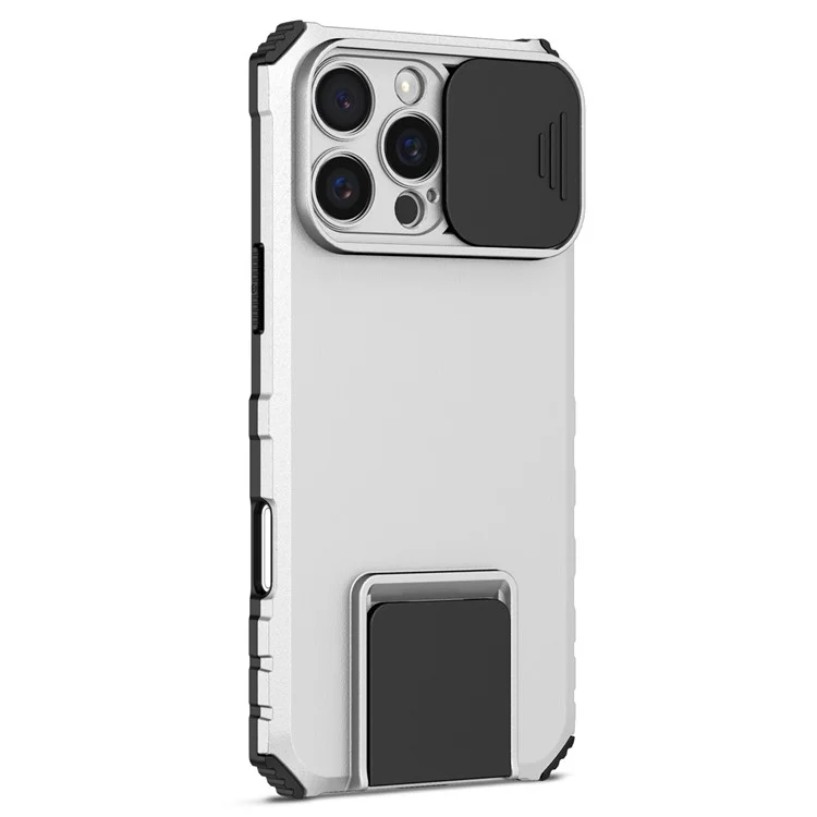 Para iPhone 16 Pro Case Camera Slider PC + TPU Phone Cover com Kickstand - Prata